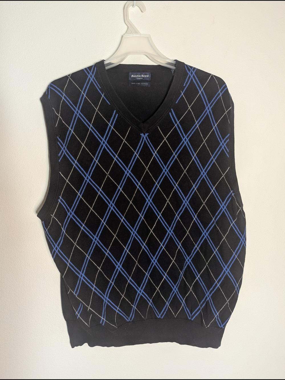 Austin Reed Men's Sweater Vest Diamond Argyle 100% Pima Cotton Hong Kong XXL